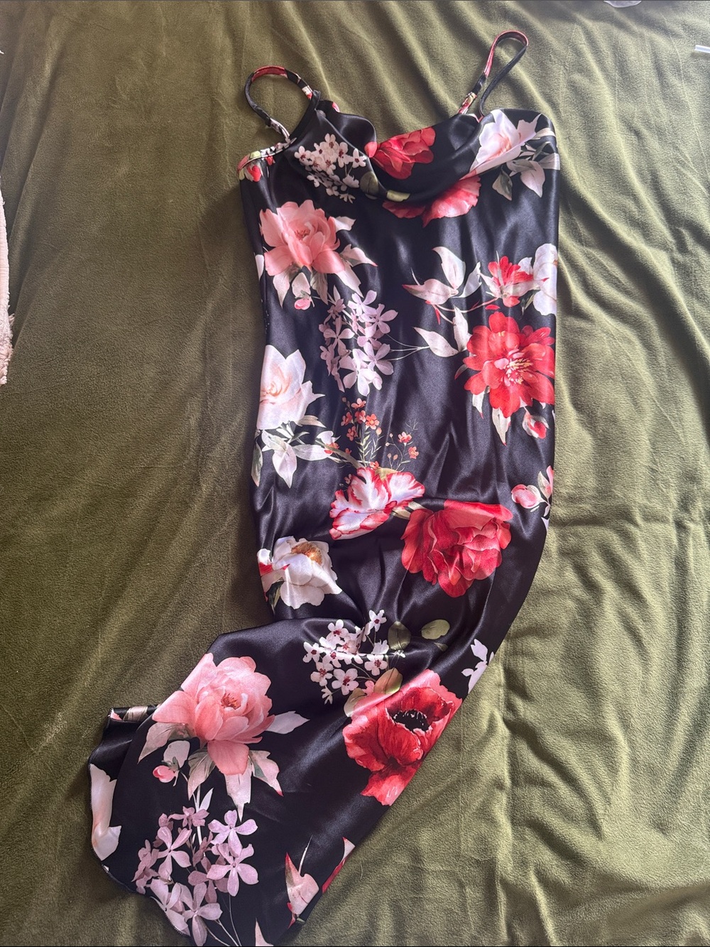 bebe Black Slip Dress with Red and Pink Floral Print